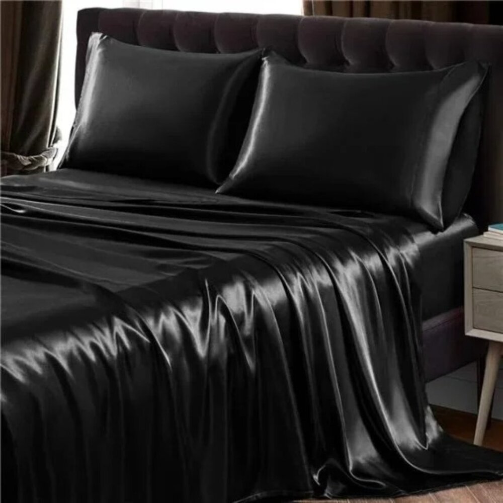 4Pcs Satin Sheet Set Queen Size Ultra Silky Soft Black Satin Queen Bed Sheets